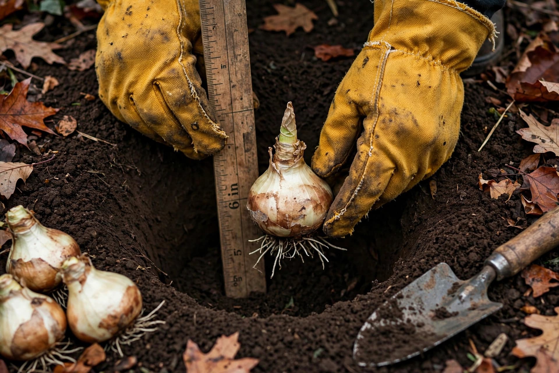 Gloved hands setting a daffodil bulb six inches deep, pointed end up, in dark fall soil