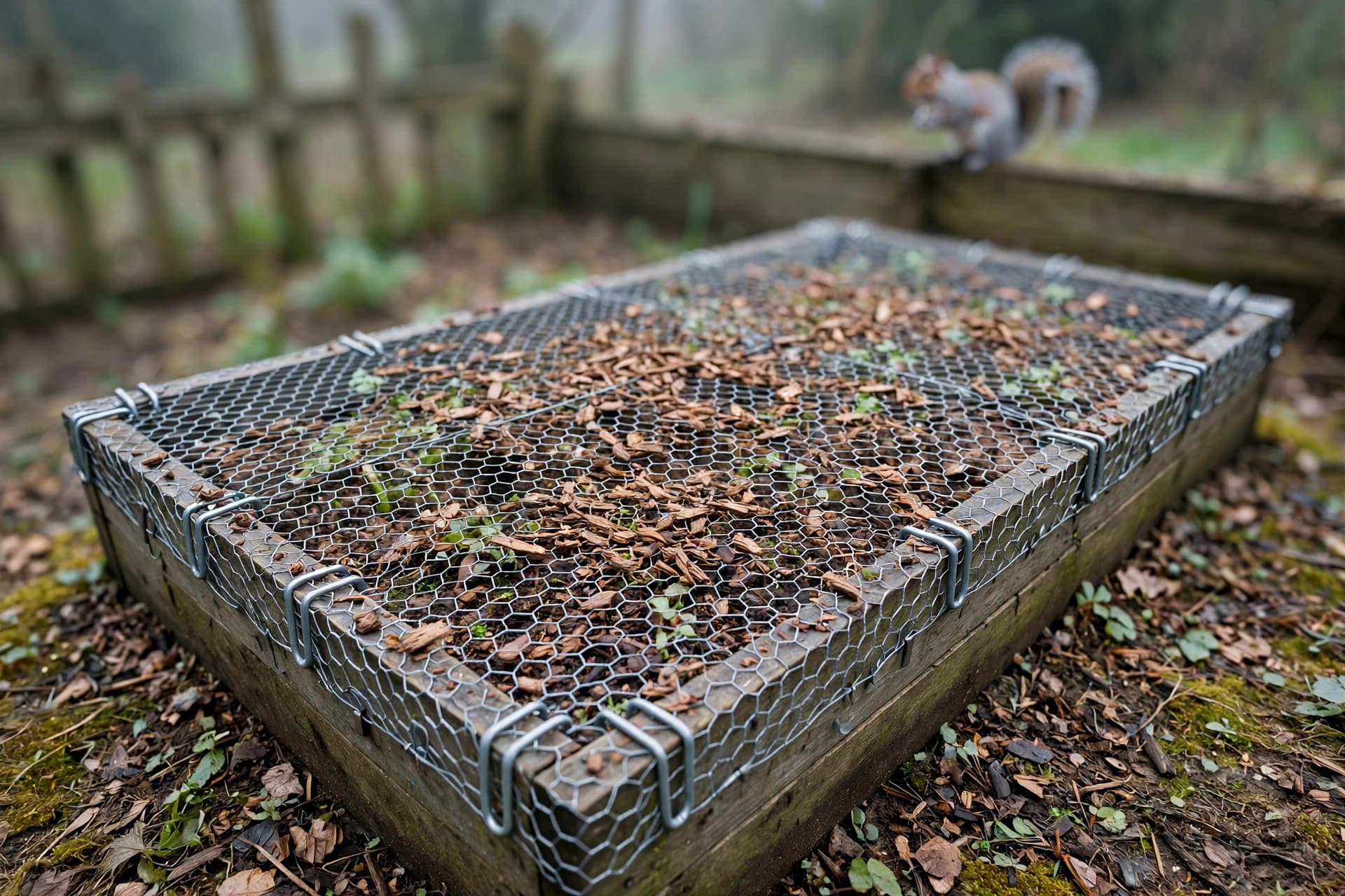 Chicken wire pinned over a planted bed to keep squirrels from digging up bulbs
