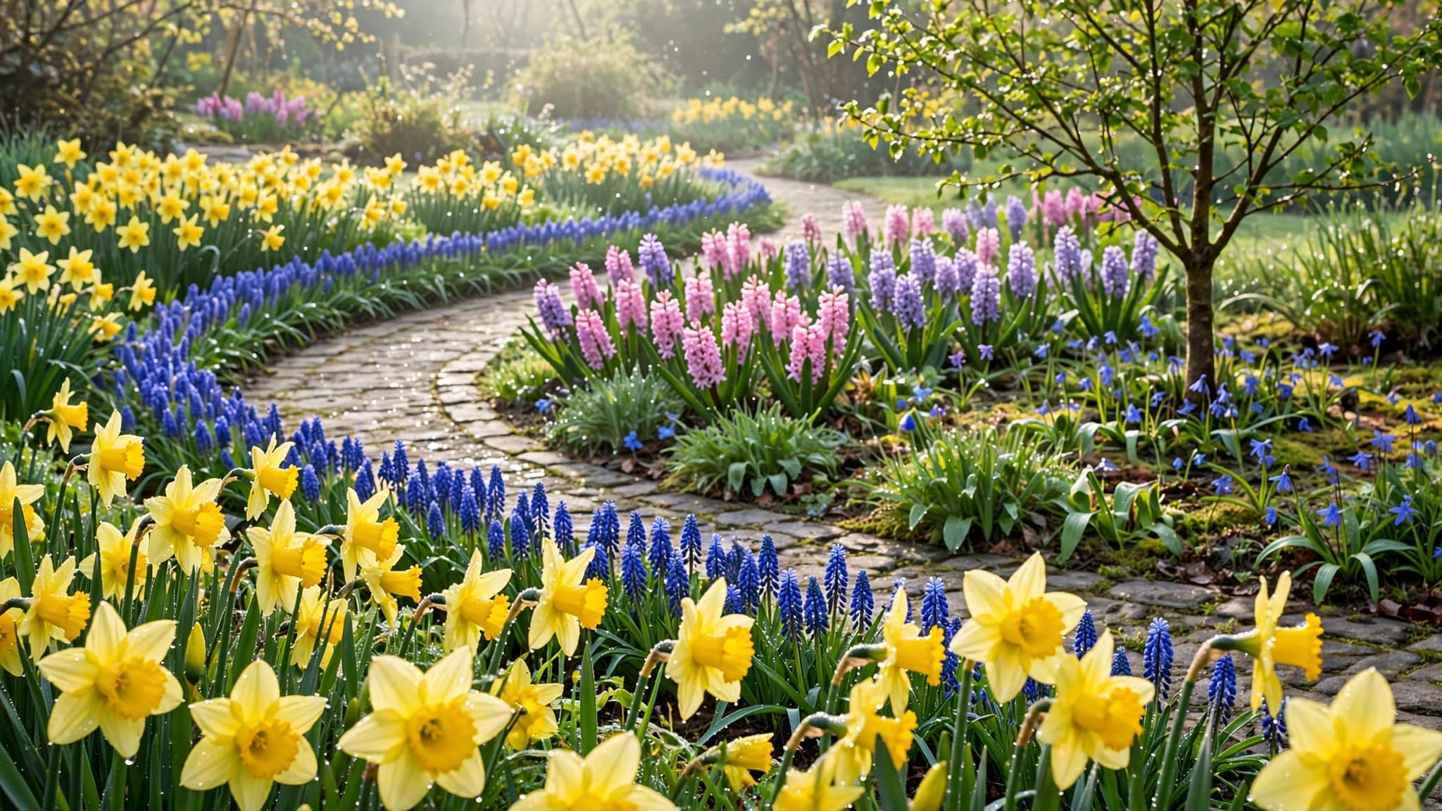 Spring border of daffodils, hyacinths, and grape hyacinths, deer resistant spring bulbs in bloom