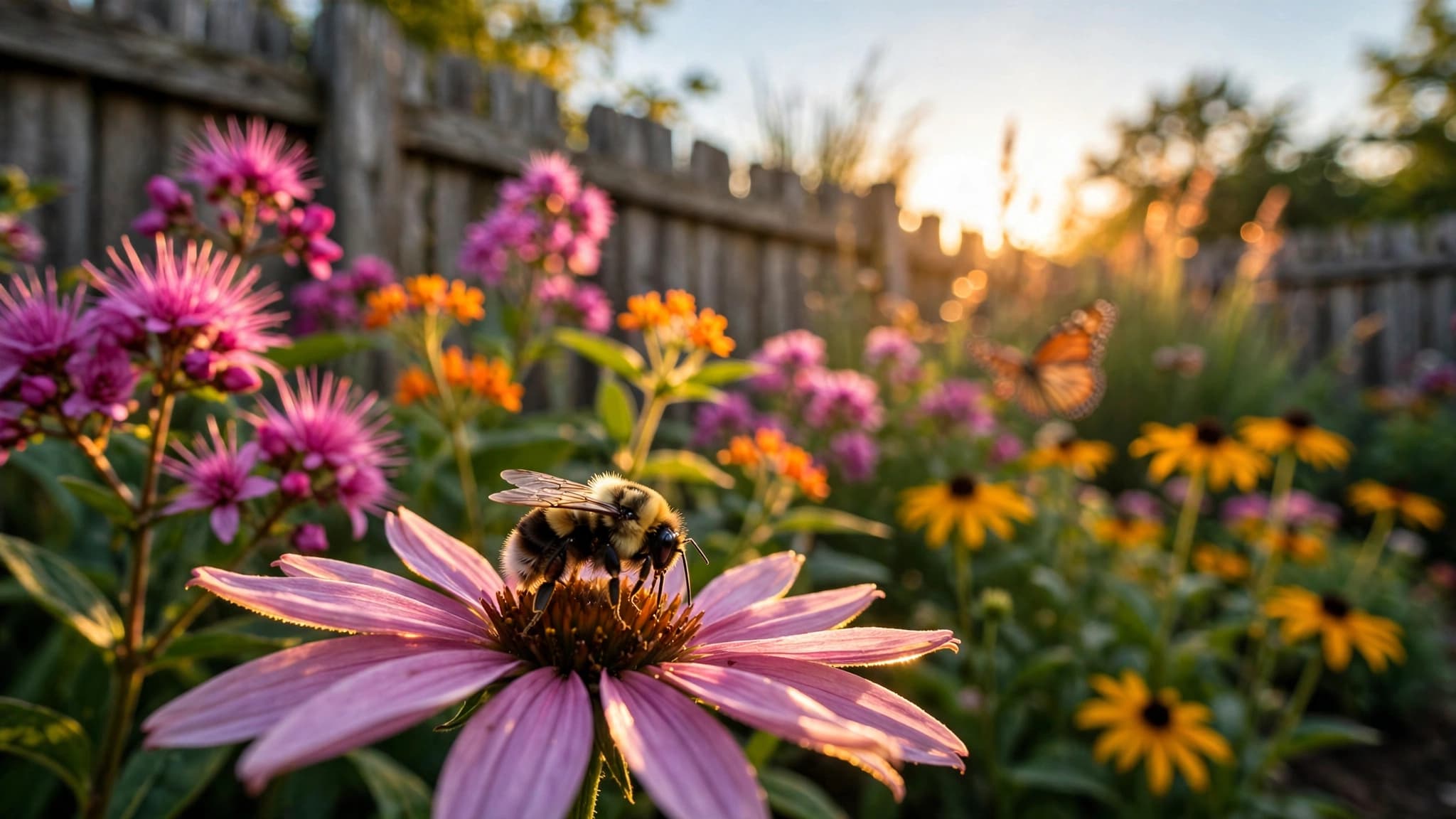Native pollinator garden border in full bloom with coneflowers, bergamot, and a bumblebee along a cedar fence