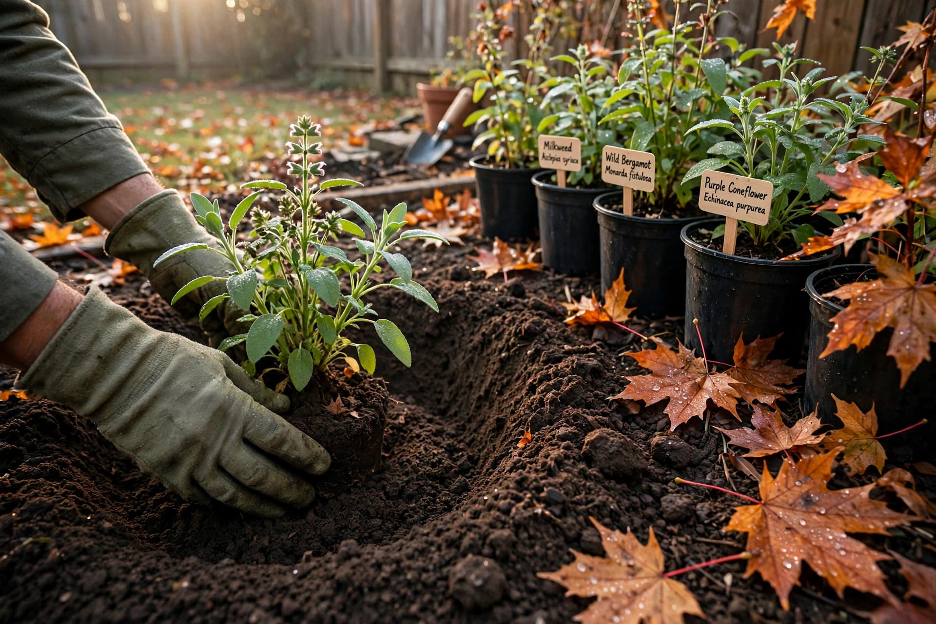 Gloved hands planting a native perennial in a fall backyard bed for a pollinator garden next season.