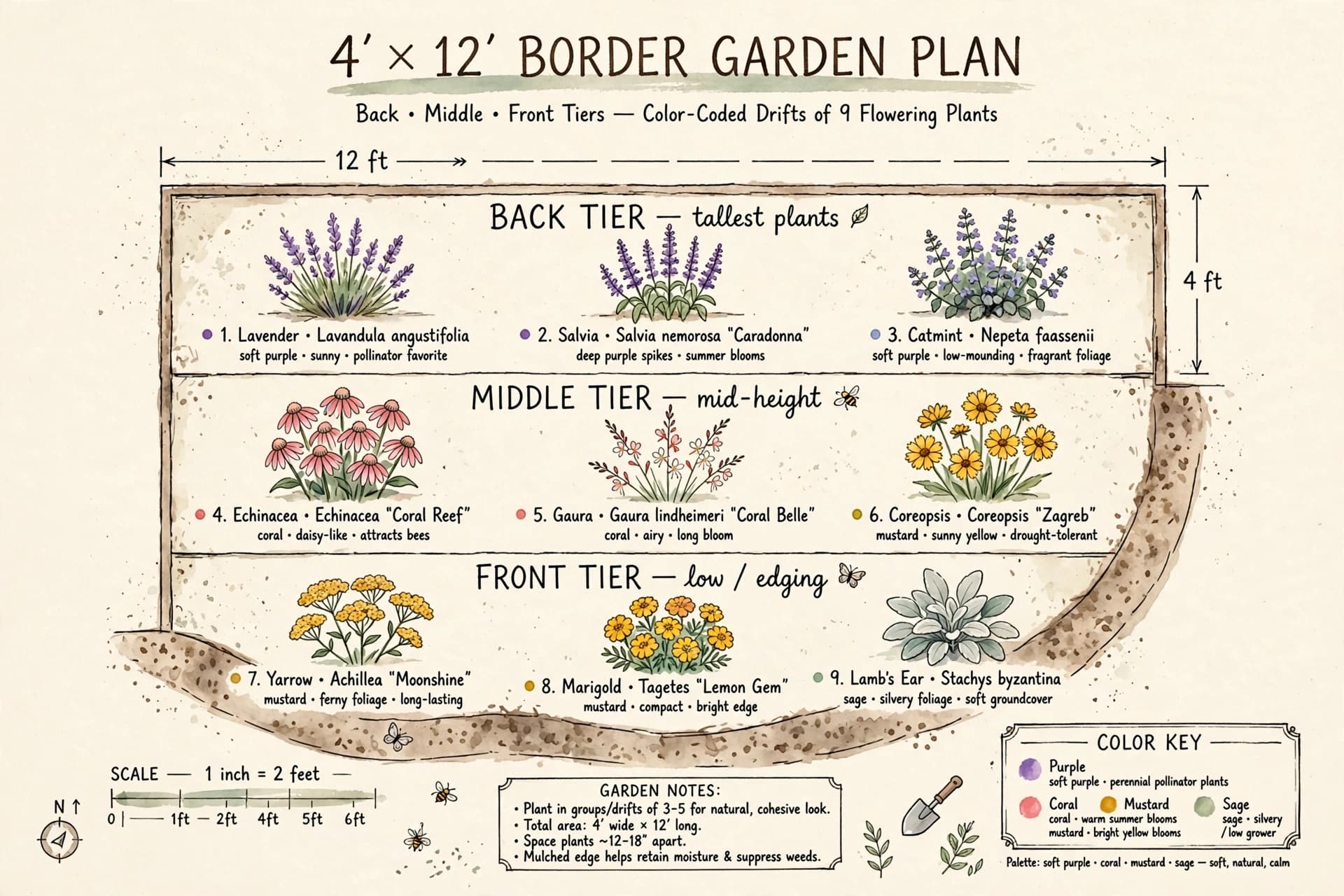 Illustrated plan showing how to lay out a pollinator garden in three tiers of back, middle, and front plants.