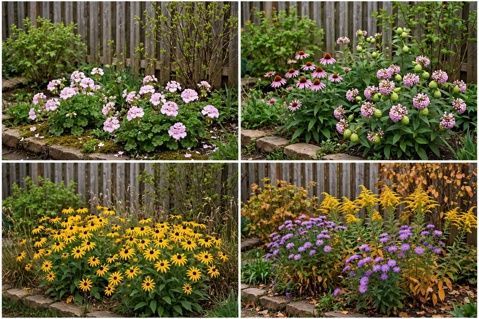 : Four seasons of one pollinator garden bloom succession, from spring geraniums to fall asters and goldenrod