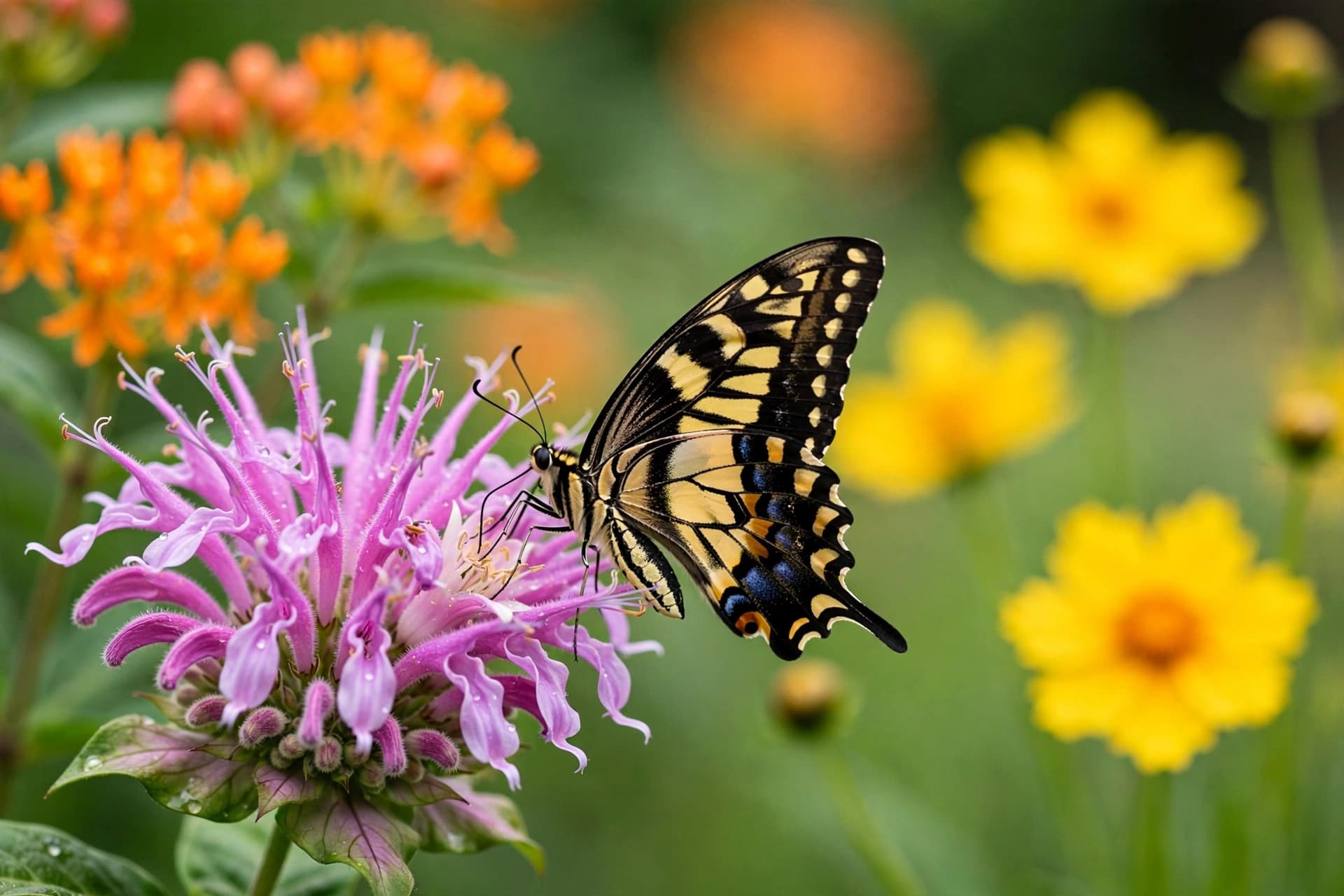 Swallowtail butterfly on wild bergamot, one of the best native plants for a small pollinator border.