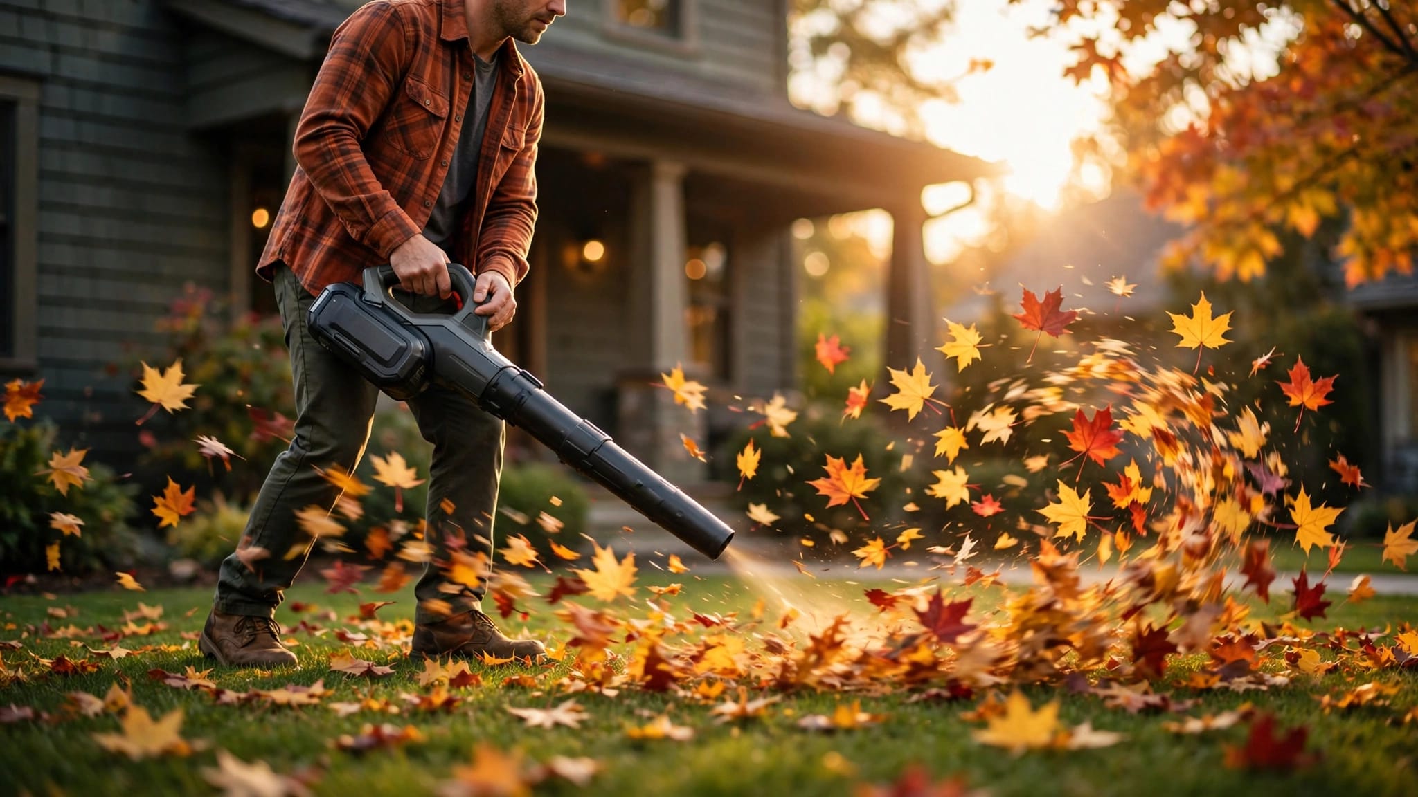 Homeowner clearing golden maple leaves with a cordless leaf blower on a sunny fall afternoon.