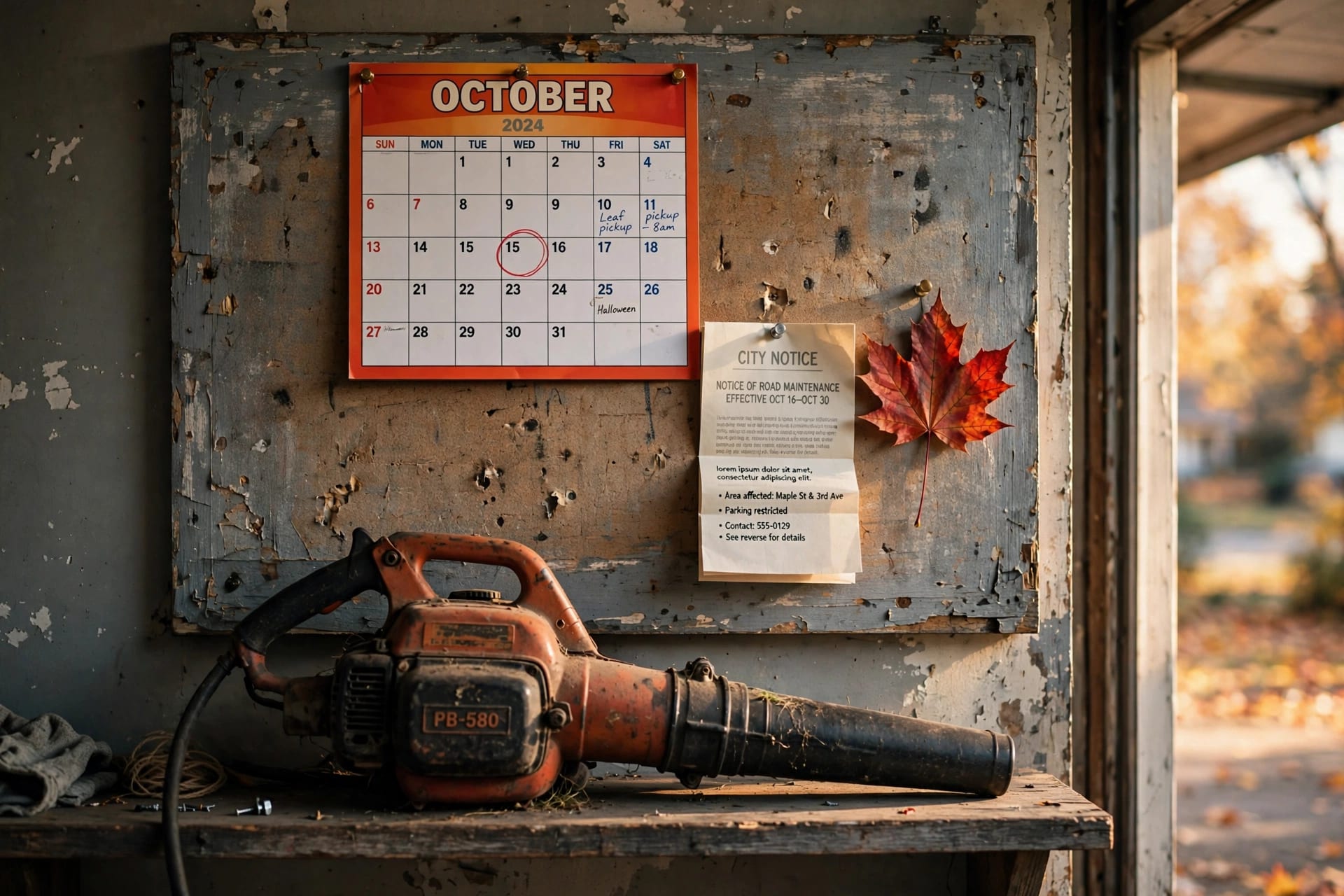 Garage corkboard with an October calendar and city notice hinting at gas leaf blower ban deadlines.