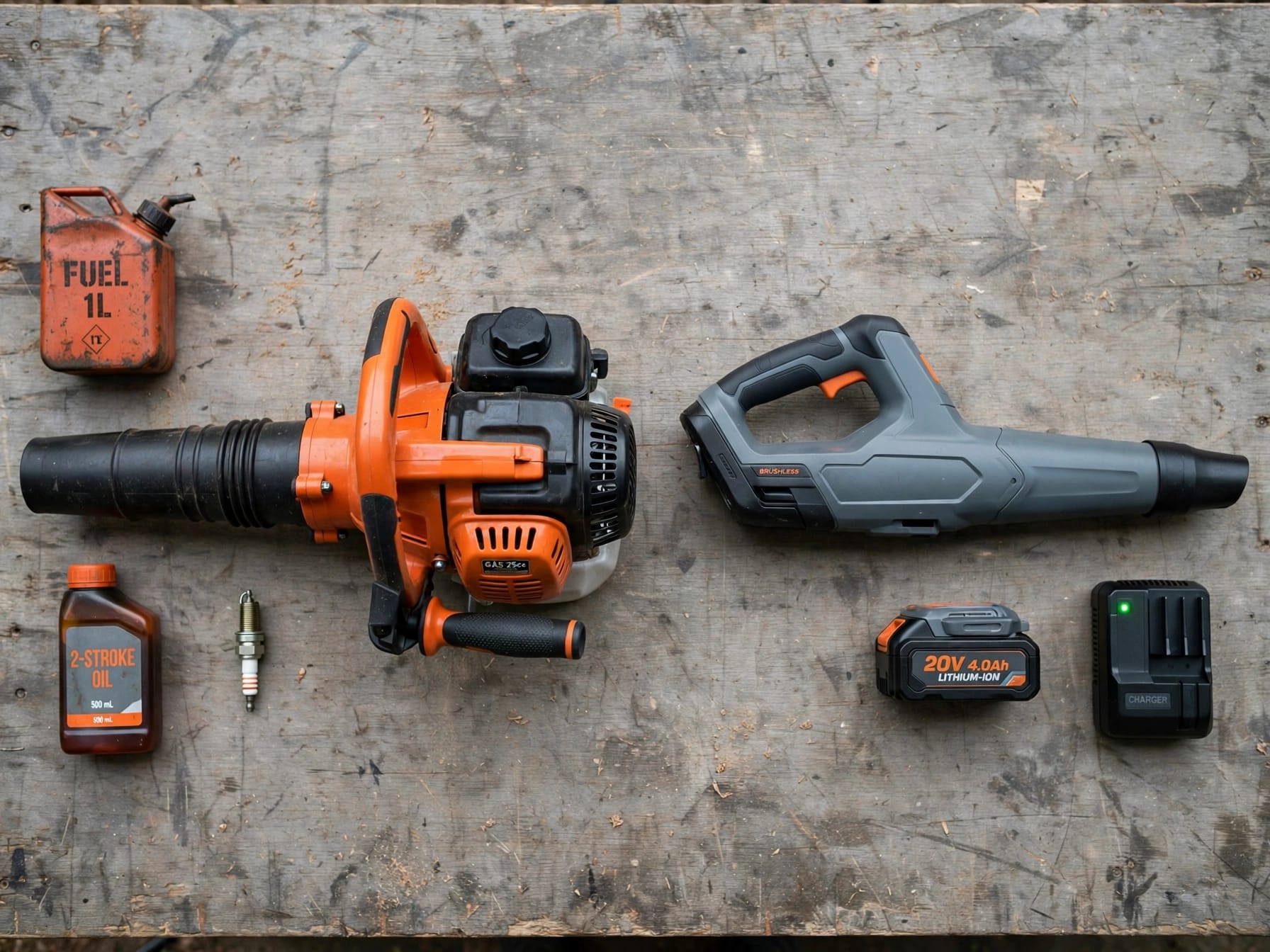 Side-by-side flat-lay comparing a gas blower and a cordless model, illustrating battery vs gas leaf blower choices.
