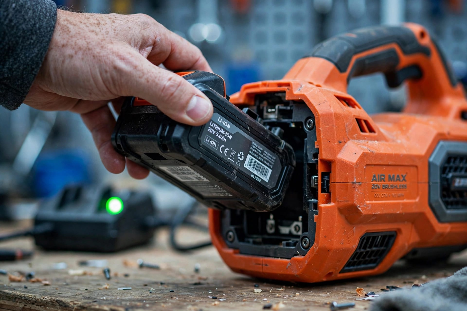 Hand snapping a lithium-ion pack into a battery powered leaf blower ready for a fall cleanup.