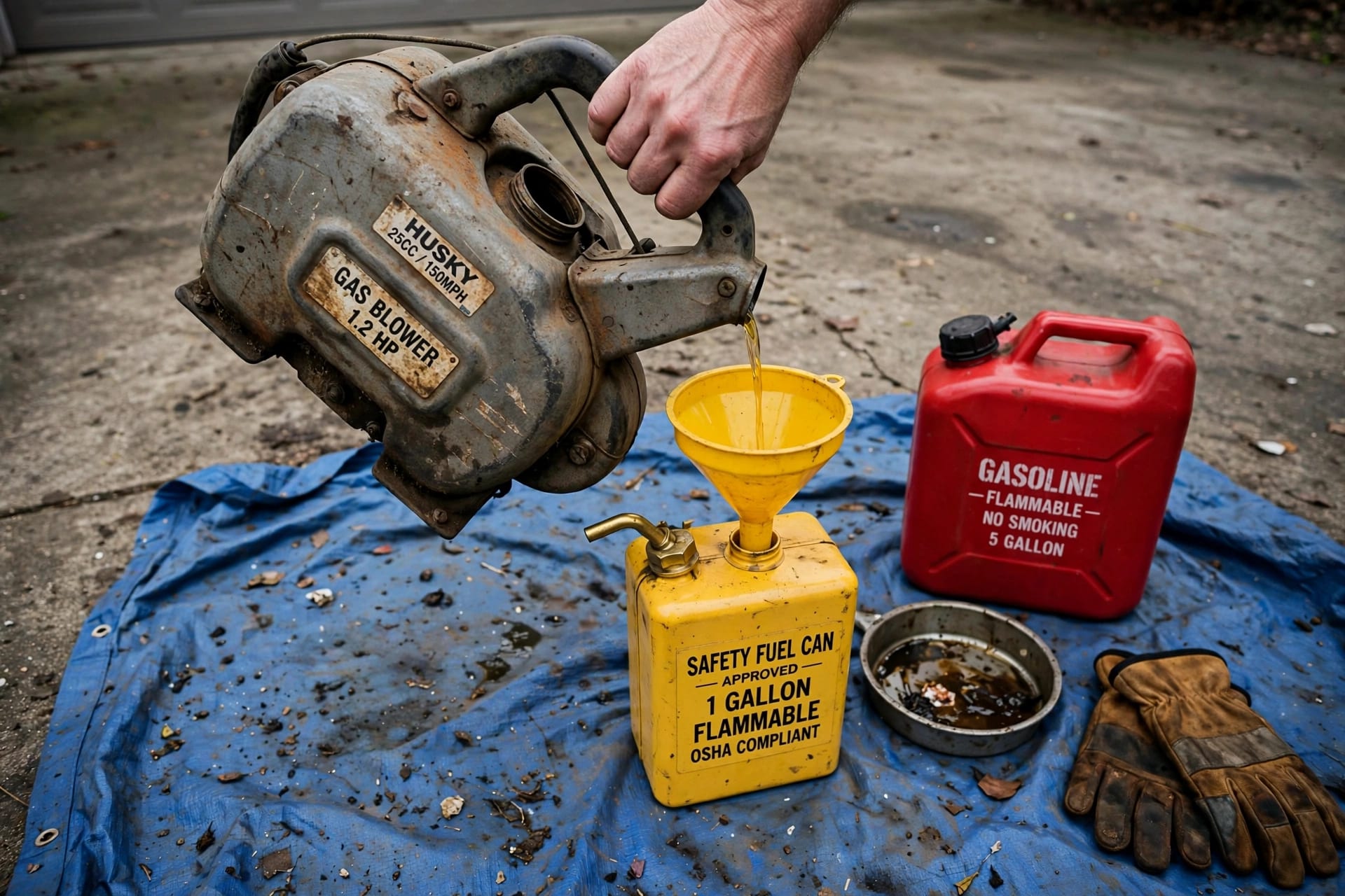 Old gas leaf blower with fuel can, funnel, and drain pan set up for safely draining leftover fuel.
