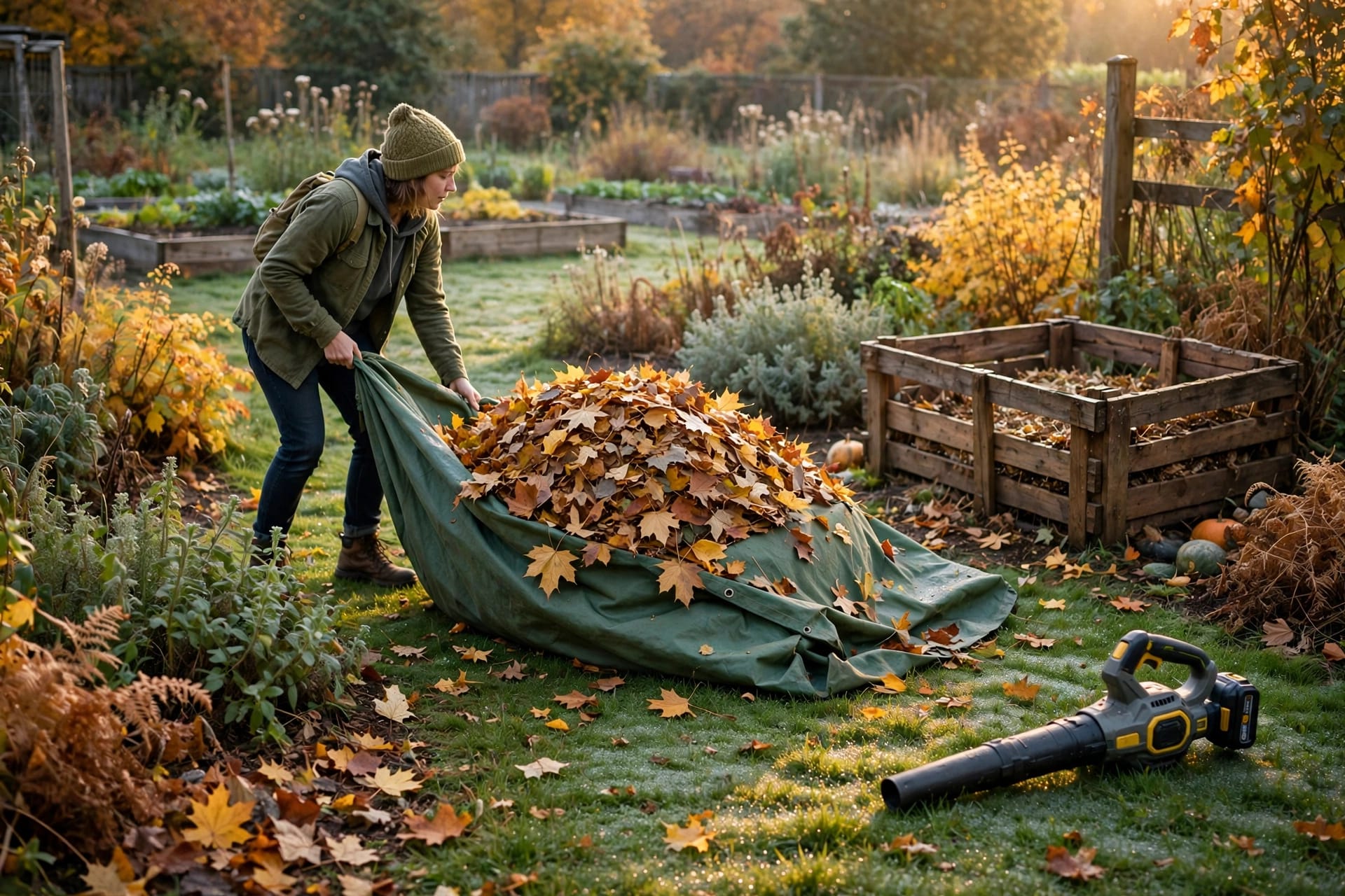 Gardener hauling a tarp of leaves to a compost bin after using a cordless leaf blower.