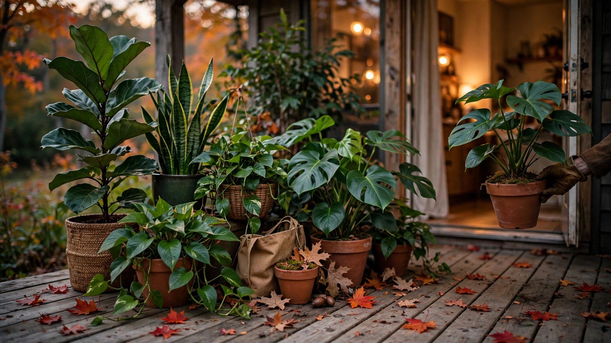 Tropical houseplants on a fall porch at dusk, ready to move indoors for winter