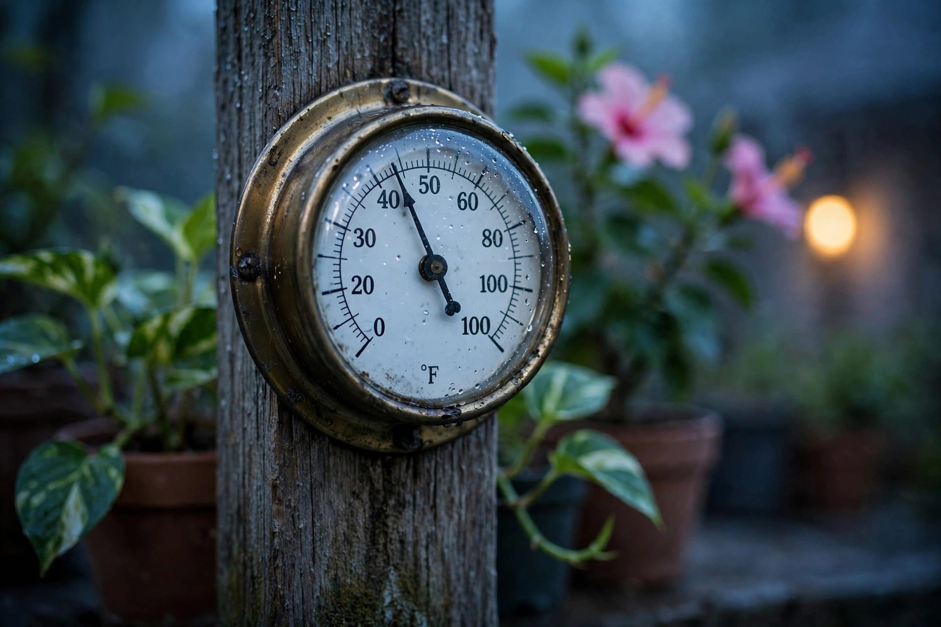 Outdoor thermometer reading 50°F beside potted tropical plants on a cool fall evening