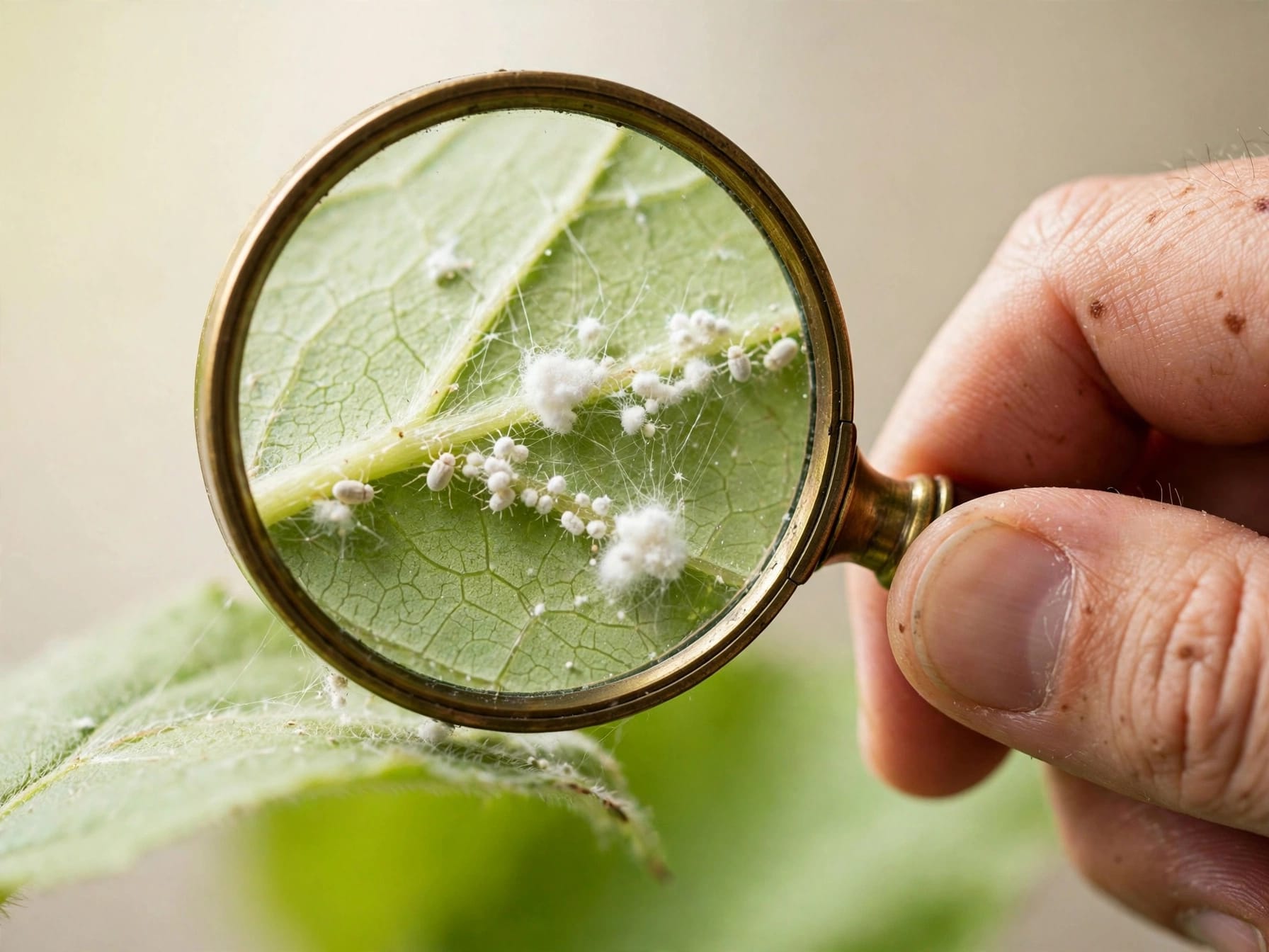 Gardener using a magnifying glass to debug houseplants by checking a leaf underside for pests