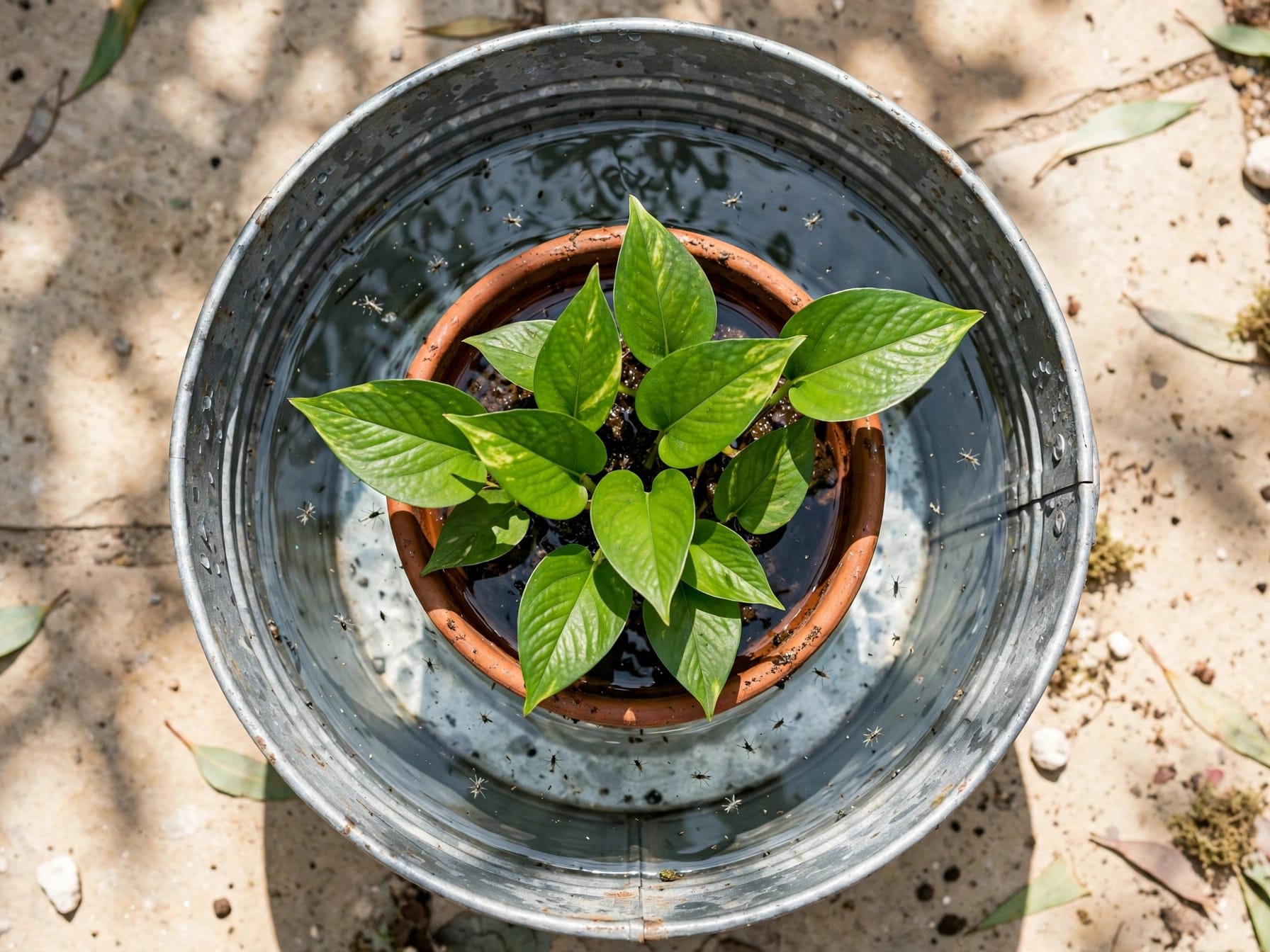 Potted plant soaking in a bucket of lukewarm water to flush out soil pests before winter