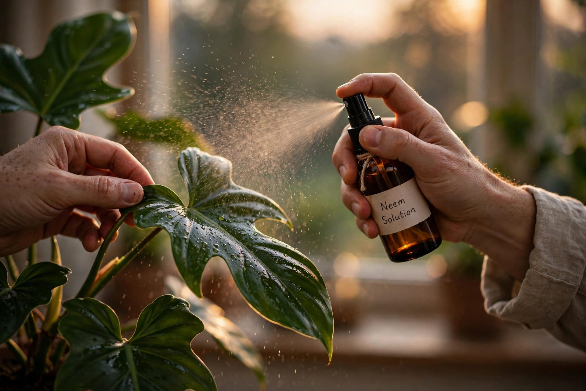 Hands applying neem oil spray to a philodendron leaf in soft evening light