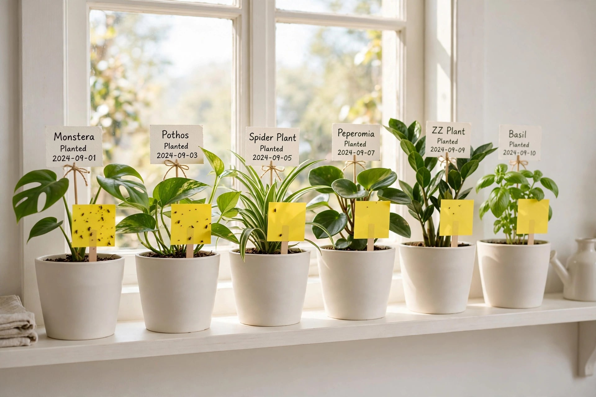 Quarantine shelf with labeled houseplants and yellow sticky traps in a bright spare room