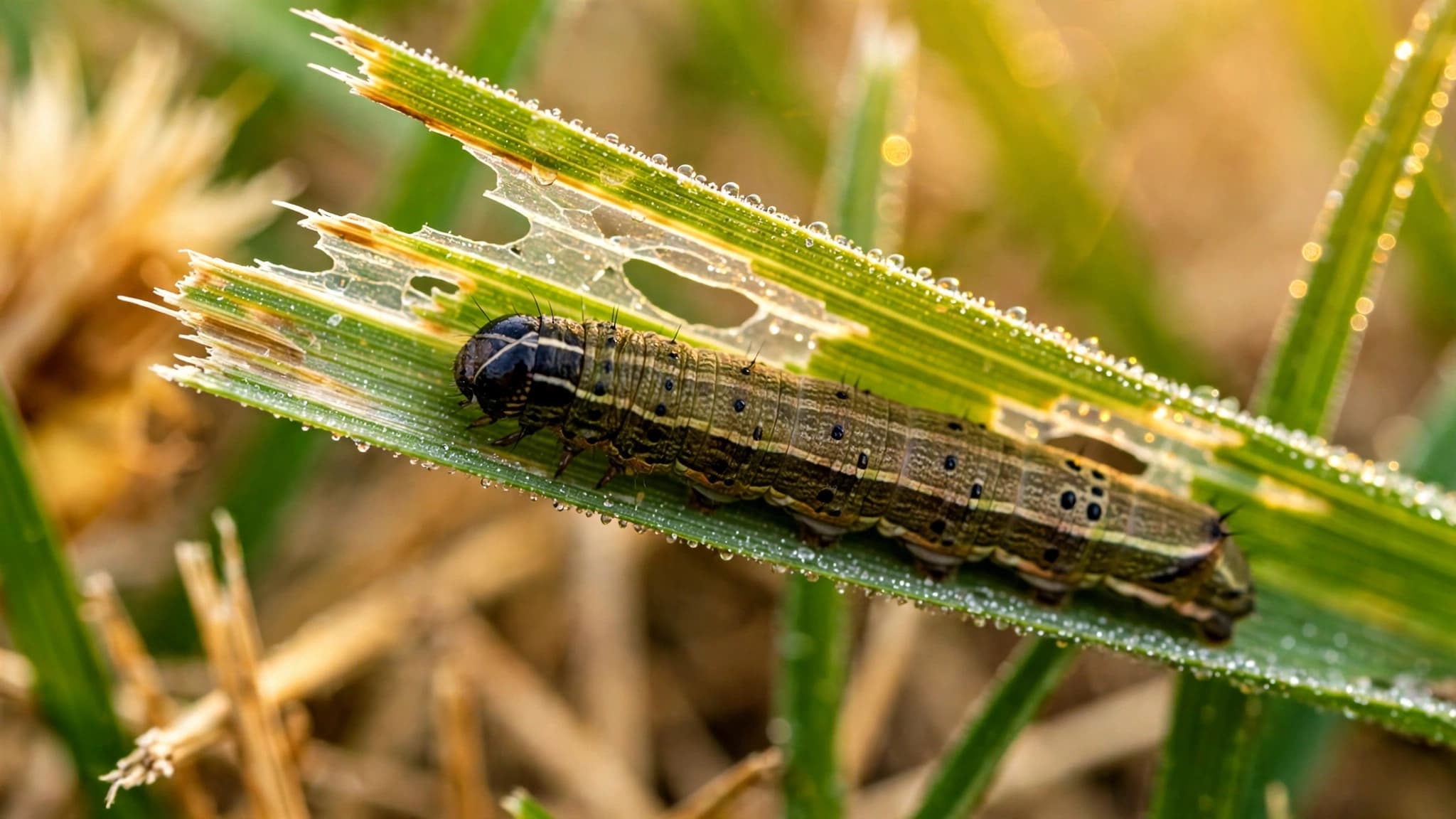 Fall armyworm caterpillar with a Y-marked head crawling on a chewed grass blade in a damaged lawn