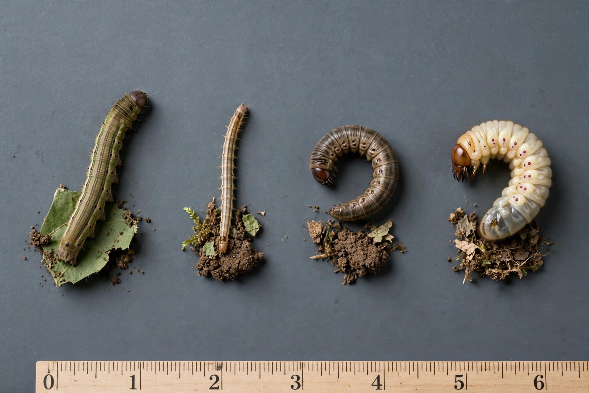 Side-by-side photo showing what fall armyworms look like next to sod webworm, cutworm, and grub