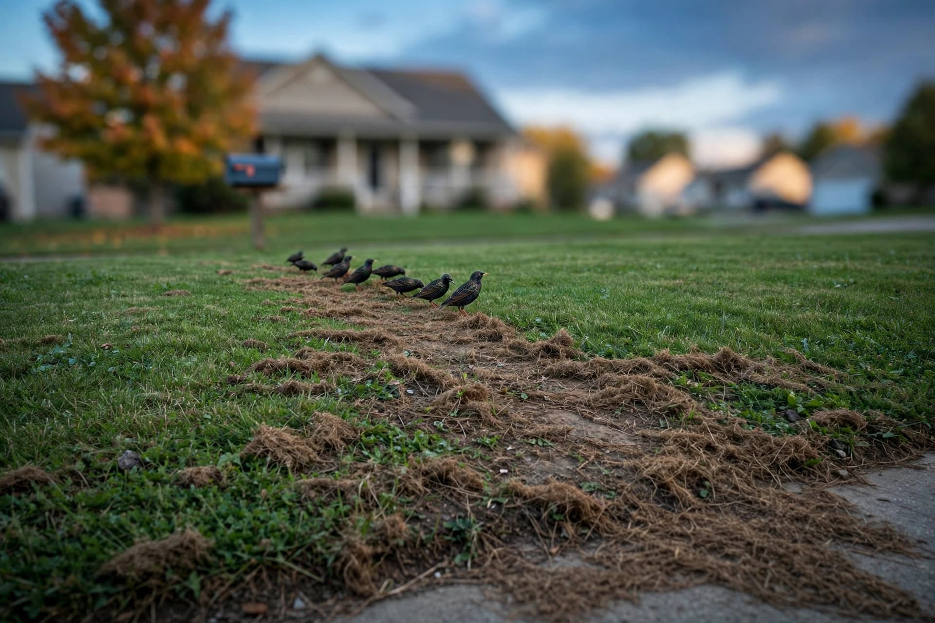 Brown ragged patch spreading across a green lawn with starlings feeding, a classic fall armyworm sign
