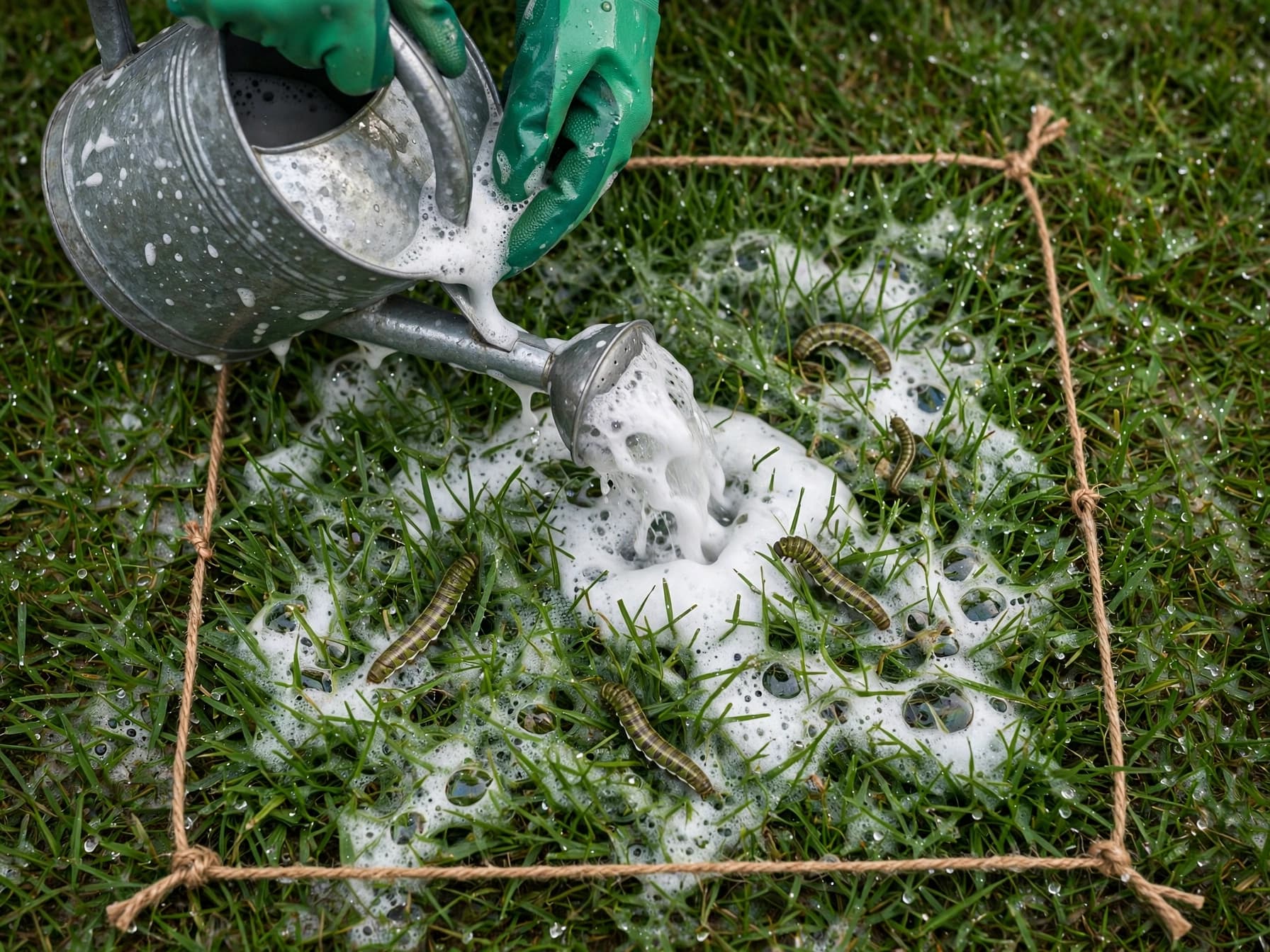 Gloved hands pouring soapy water over a lawn square as caterpillars surface in a soapy water test for armyworms