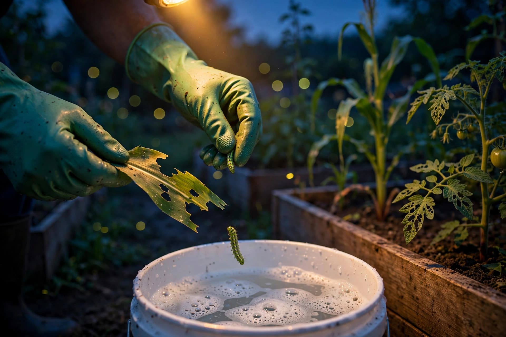 Gardener dropping caterpillars into a bucket of soapy water at dusk to get rid of armyworms without chemicals