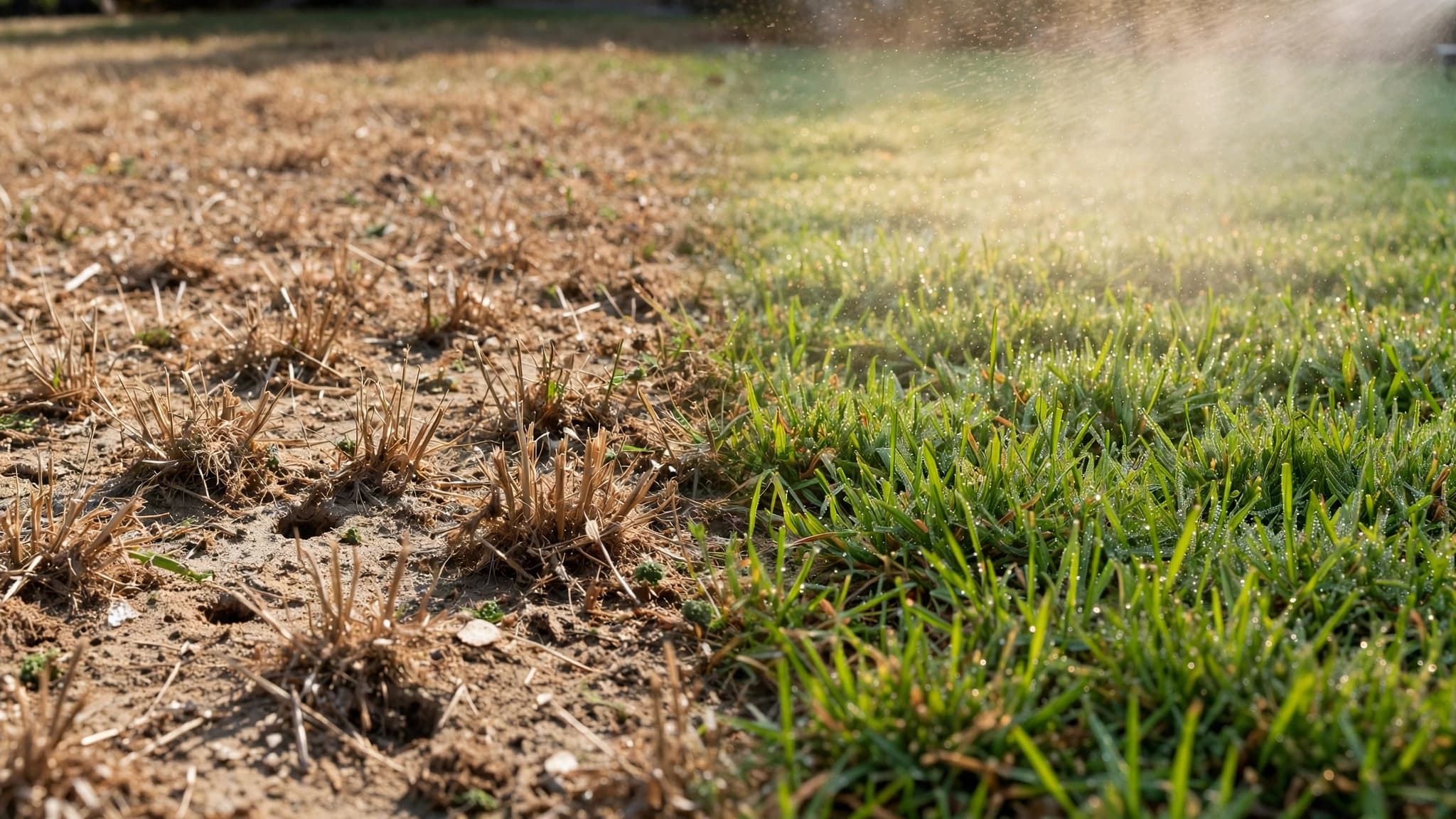 Split-view of a caterpillar-damaged lawn and the same grass recovering after treatment and overseeding