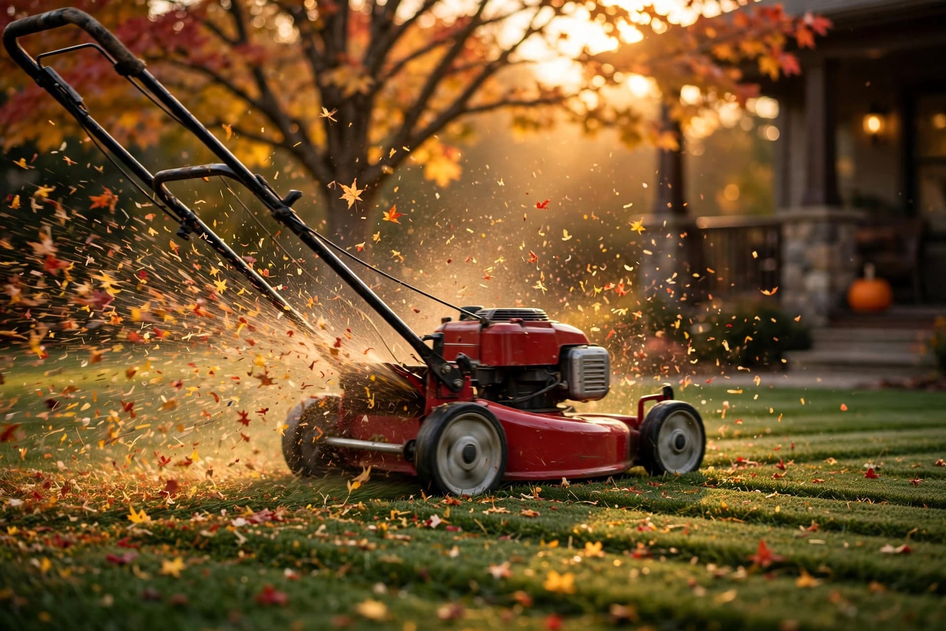 Mulching leaves into lawn with a push mower on a suburban yard in golden October light