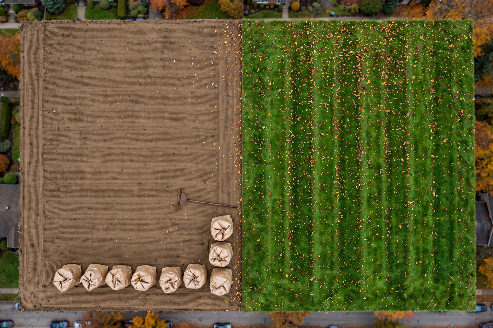 Split lawn comparing raked-and-bagged leaves with chopped leaves left on the grass after mowing