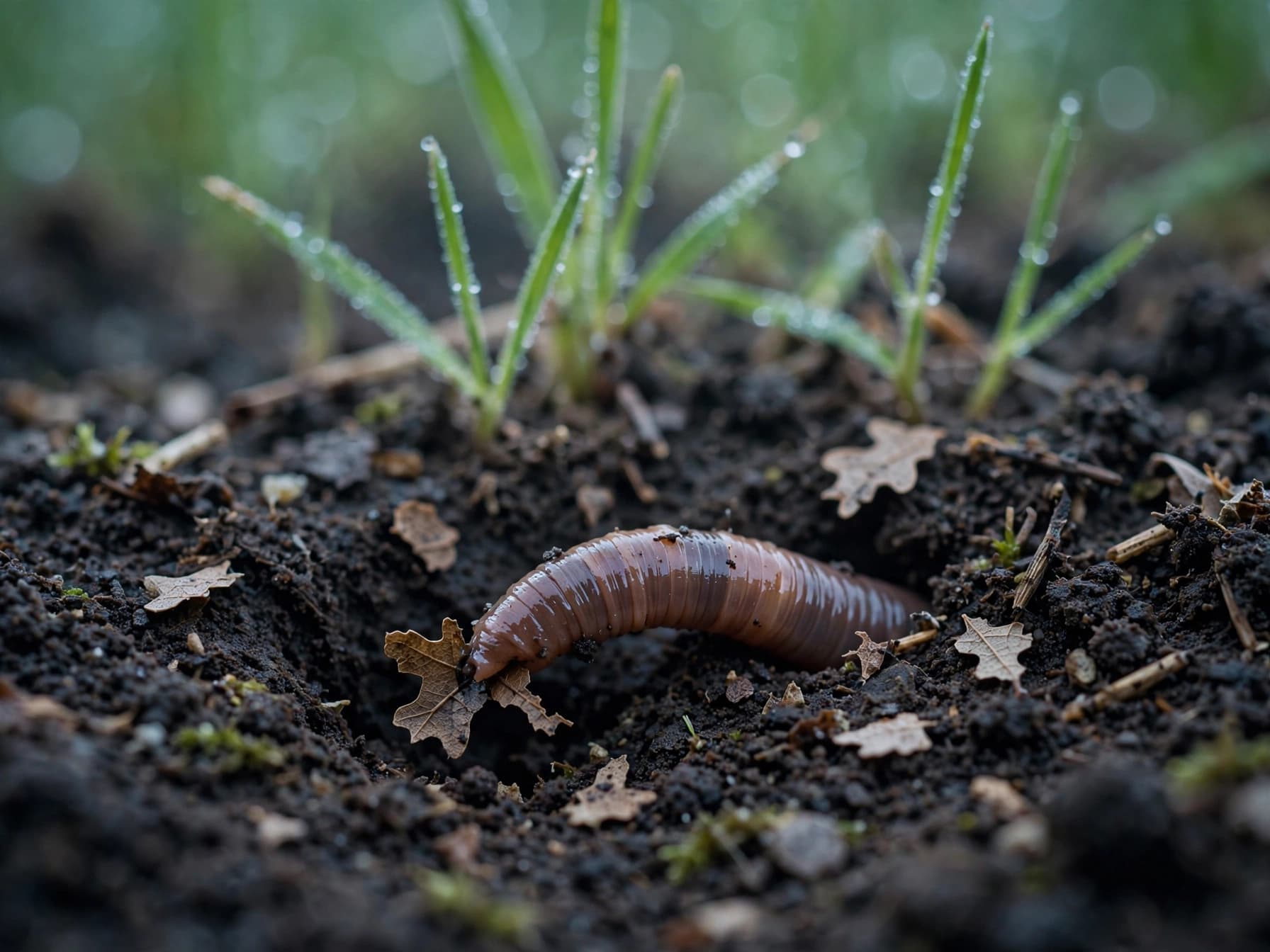 Earthworm pulling shredded leaf pieces into soil beneath healthy fall grass