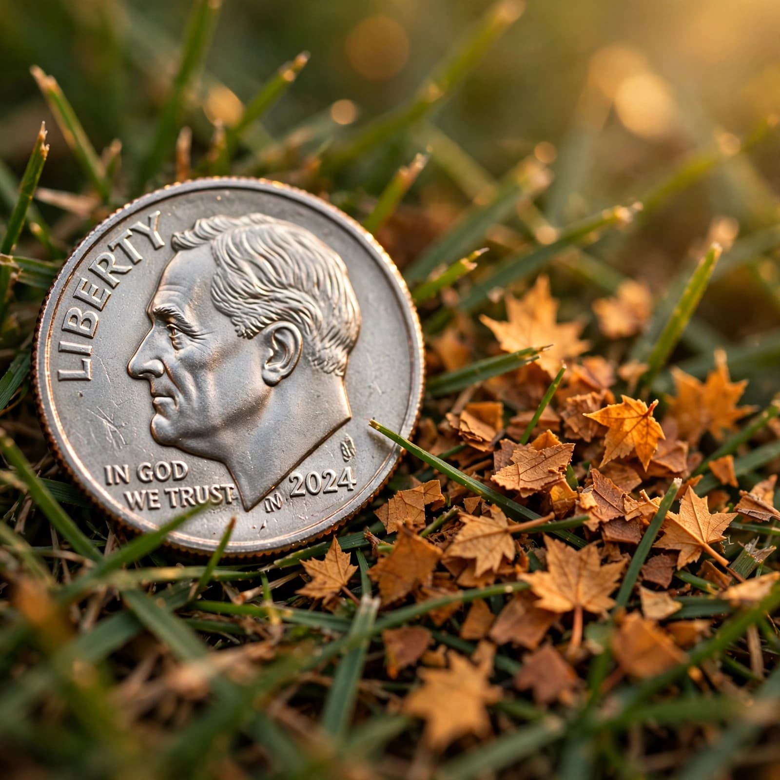 Dime beside shredded maple leaf pieces resting between grass blades after mowing
