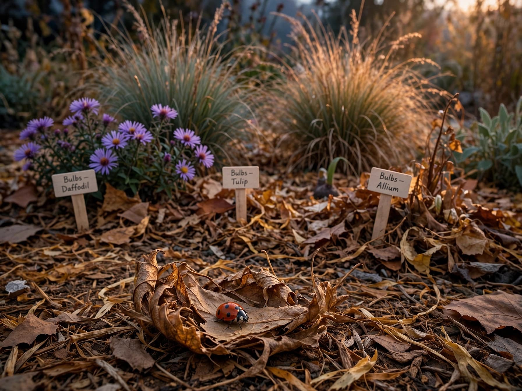 Shredded leaves spread as garden mulch around perennials, a good use for extra leaf cleanup