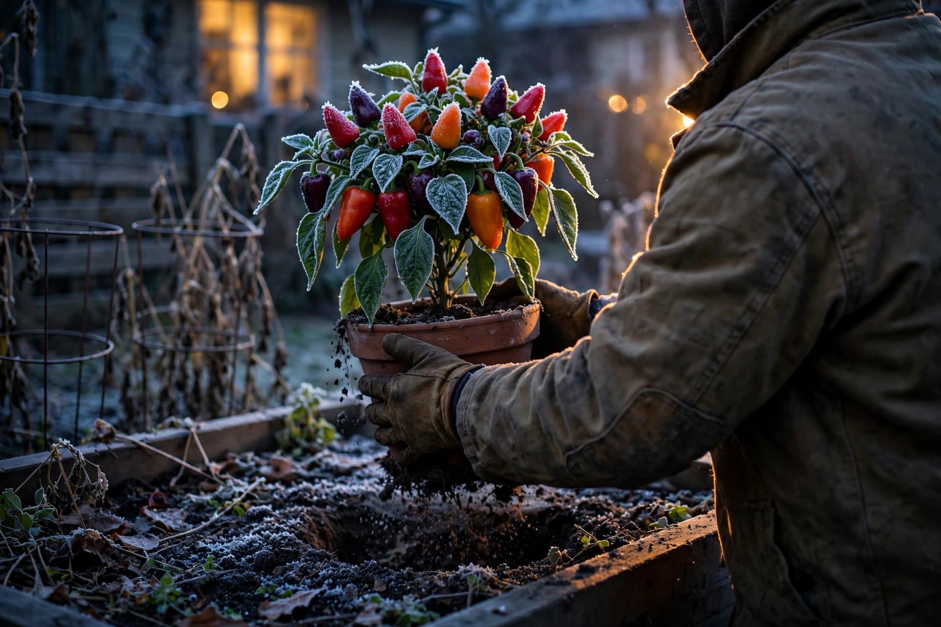 Gardener carrying a frost-dusted potted pepper plant indoors, a key step in how to overwinter pepper plants