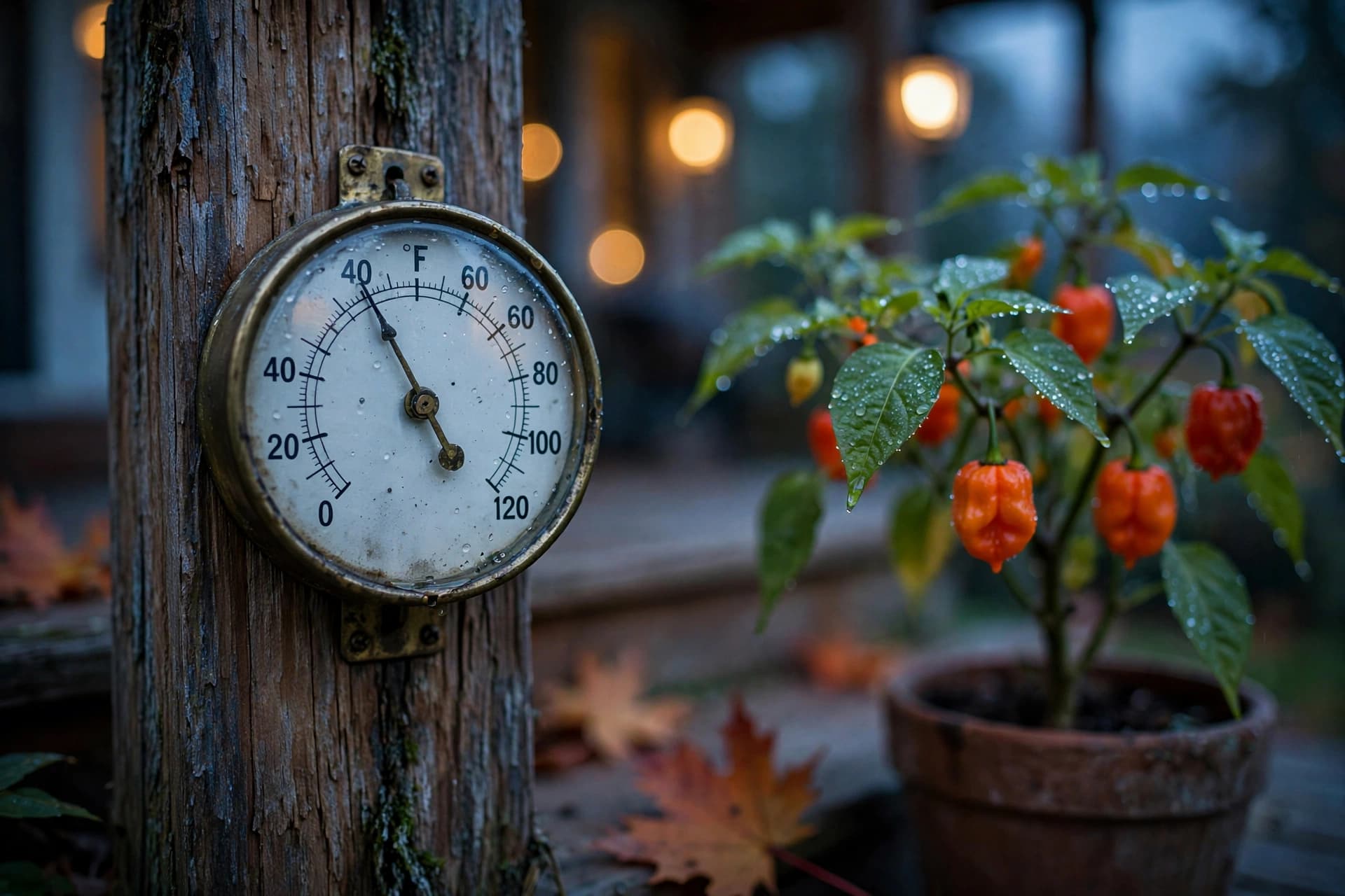 Thermometer reading 48°F beside a potted pepper plant, showing when to bring pepper plants indoors