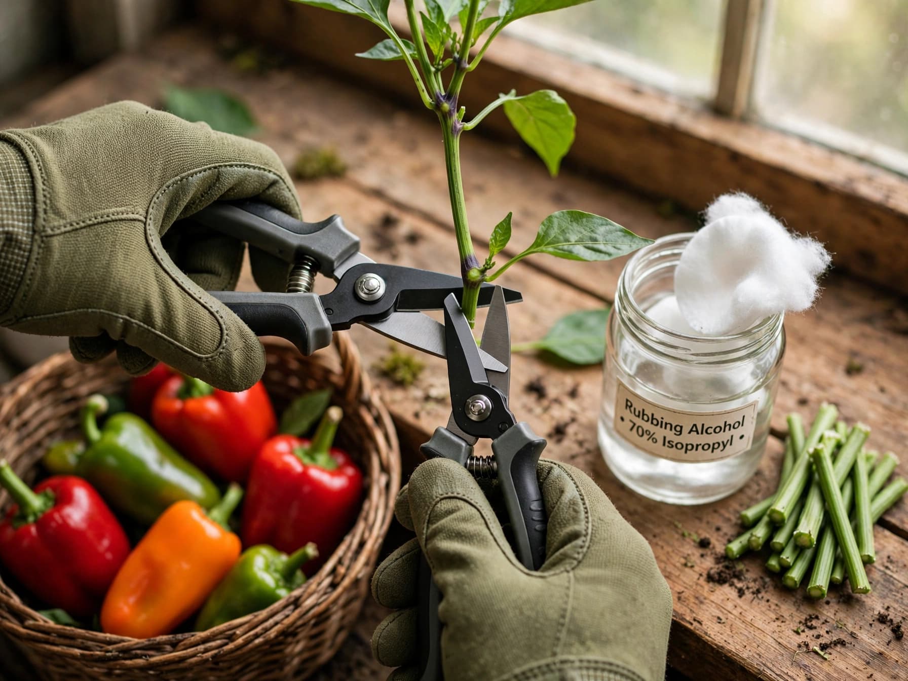 Gloved hands pruning pepper plants for winter by cutting just above a leaf node