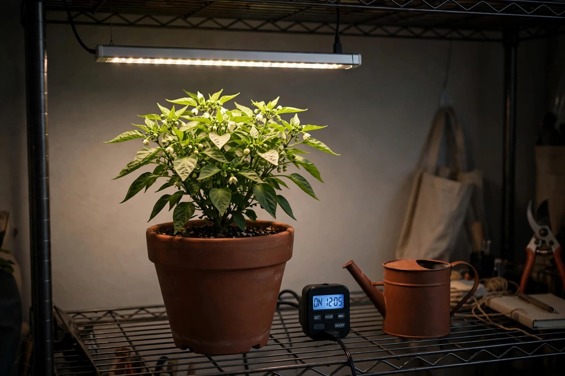 Cut-back pepper plant under an LED grow light on a shelf, a simple way to overwinter pepper plants indoors