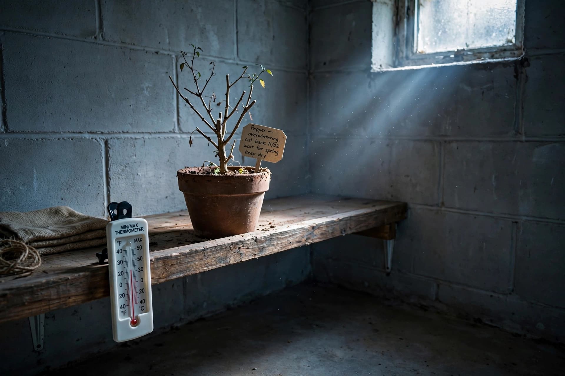 Dormant pepper plant in a pot on a basement shelf, overwintering pepper plants in a cool, dark space