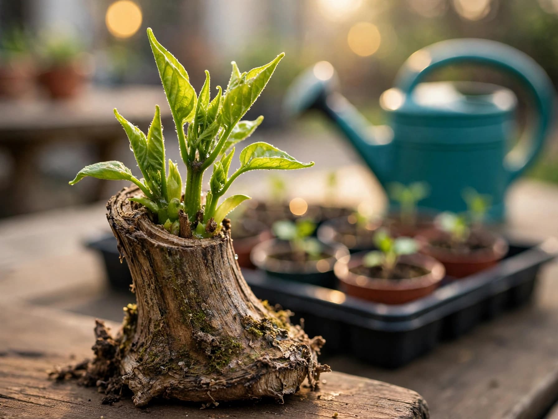 New green shoots sprouting on a cut-back pepper plant in spring, the payoff of overwintered peppers