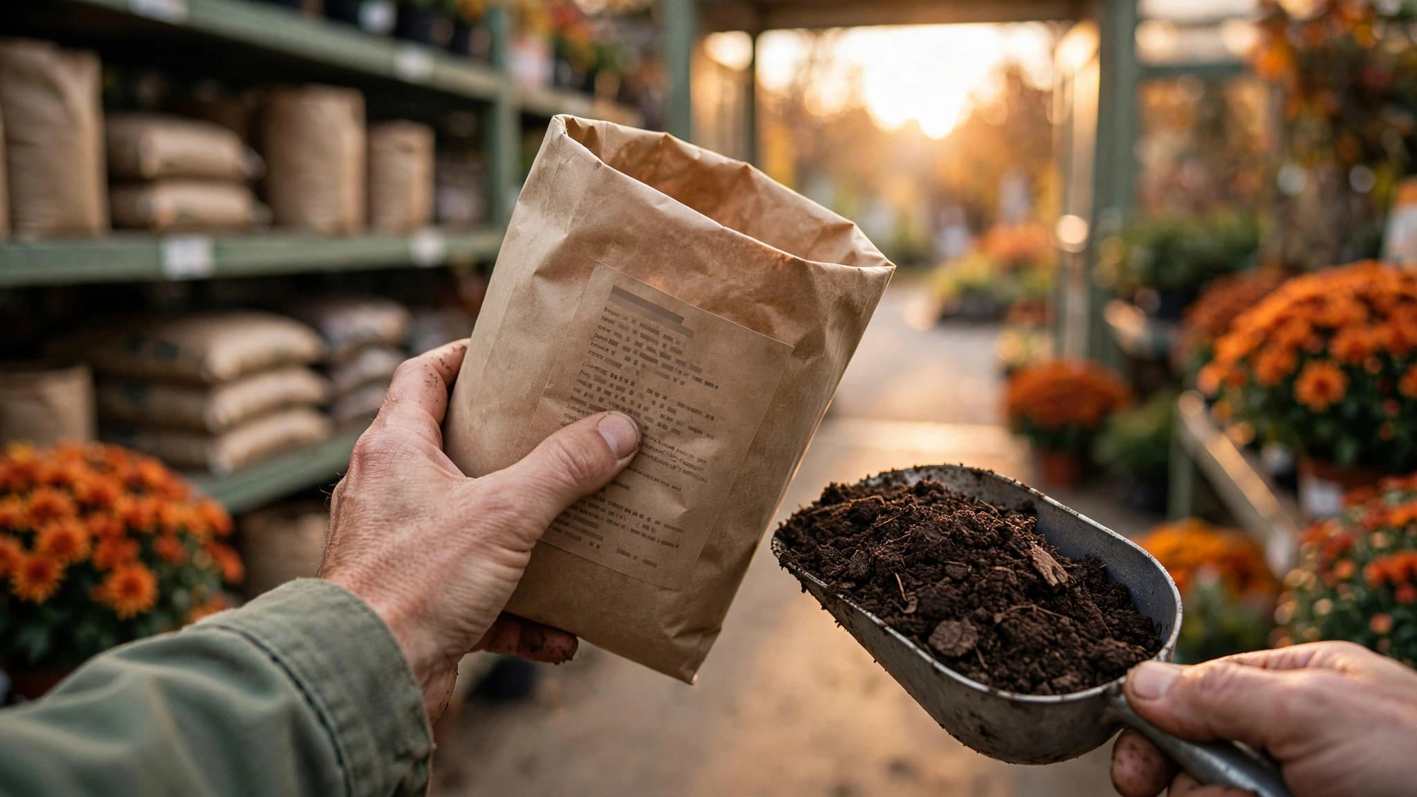 Gardener checking the ingredient panel on a compost bag to avoid sewage sludge in fertilizer at a garden center