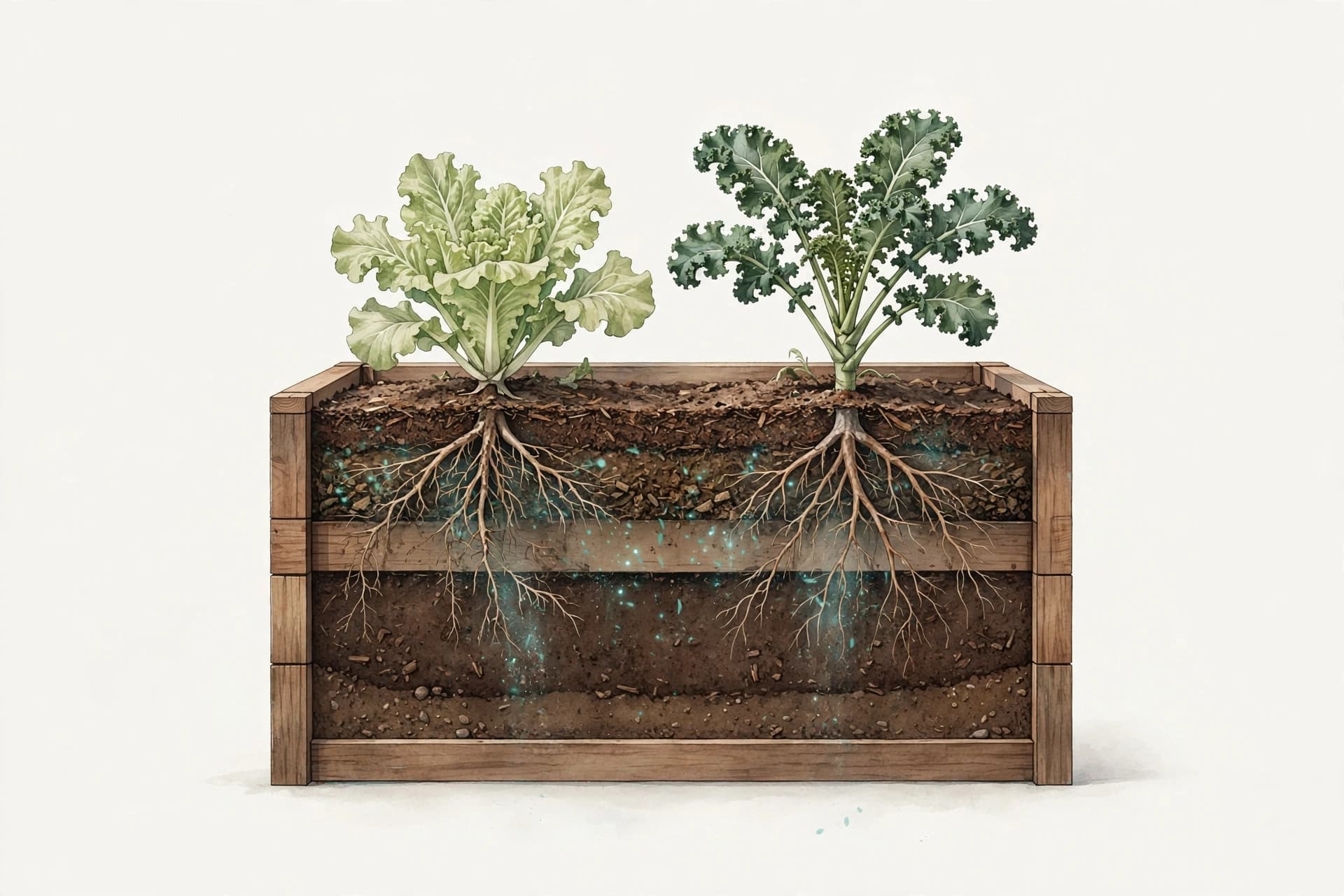 Cross-section of garden soil showing lettuce roots absorbing PFAS from compost or fertilizer
