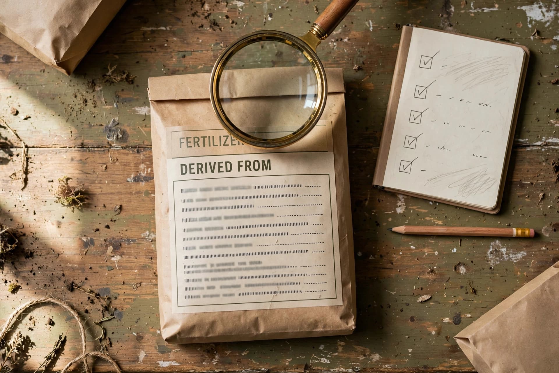 Magnifying glass over the ingredient list on a fertilizer bag, a key step in reading fertilizer labels