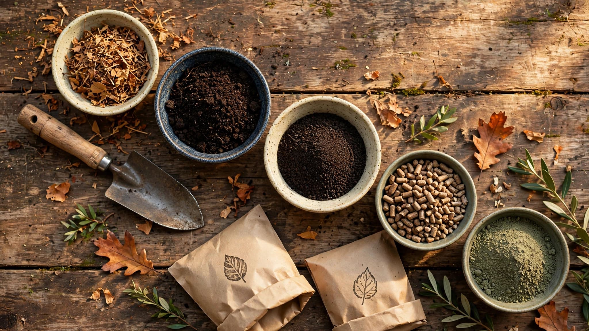 Flat lay of sludge-free organic fertilizers: leaf mold, compost, worm castings, feather meal and kelp meal