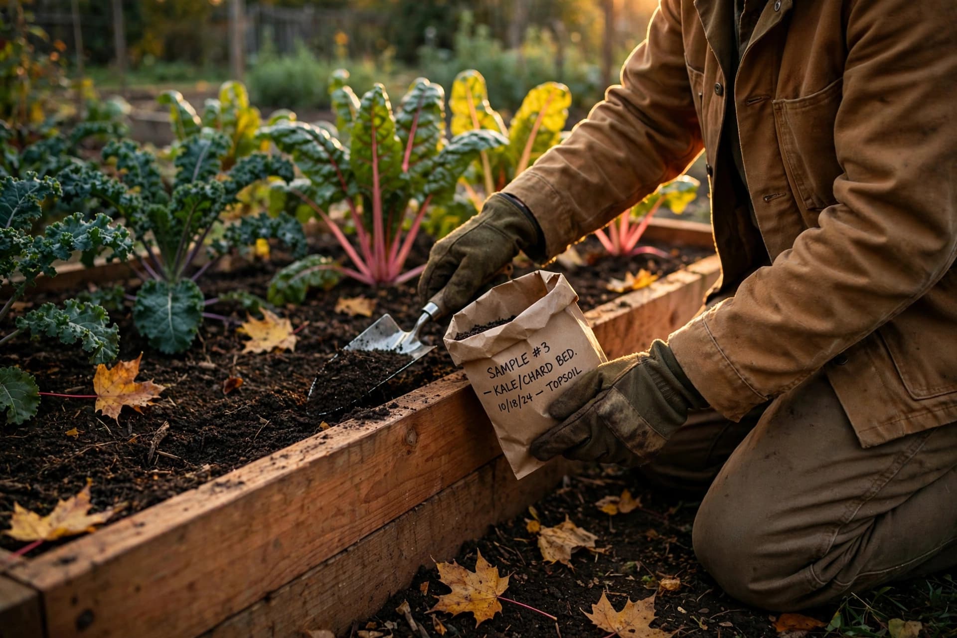 Gardener taking a soil sample from a raised vegetable bed in autumn to test for contaminants