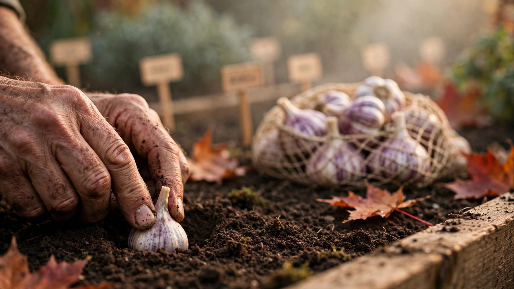 Gloved hands planting a garlic clove, pointed end up, in a raised cedar bed on a crisp October morning