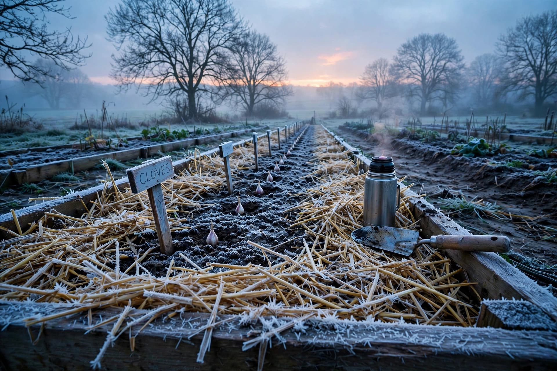 Frost-dusted bed with freshly planted fall garlic cloves marked by wooden stakes at dawn