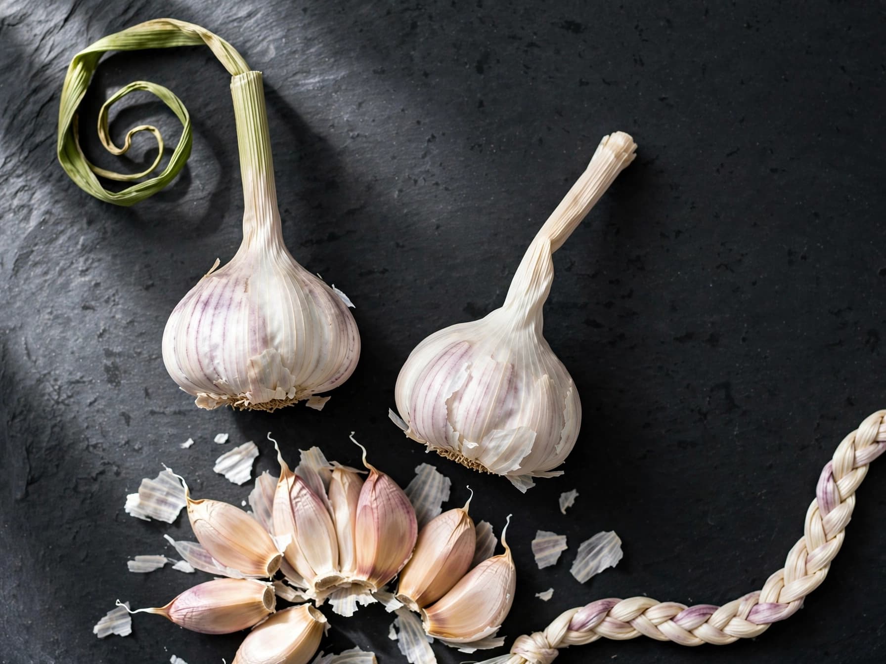 Hardneck garlic with a curly scape beside a softneck garlic bulb with soft braidable stem