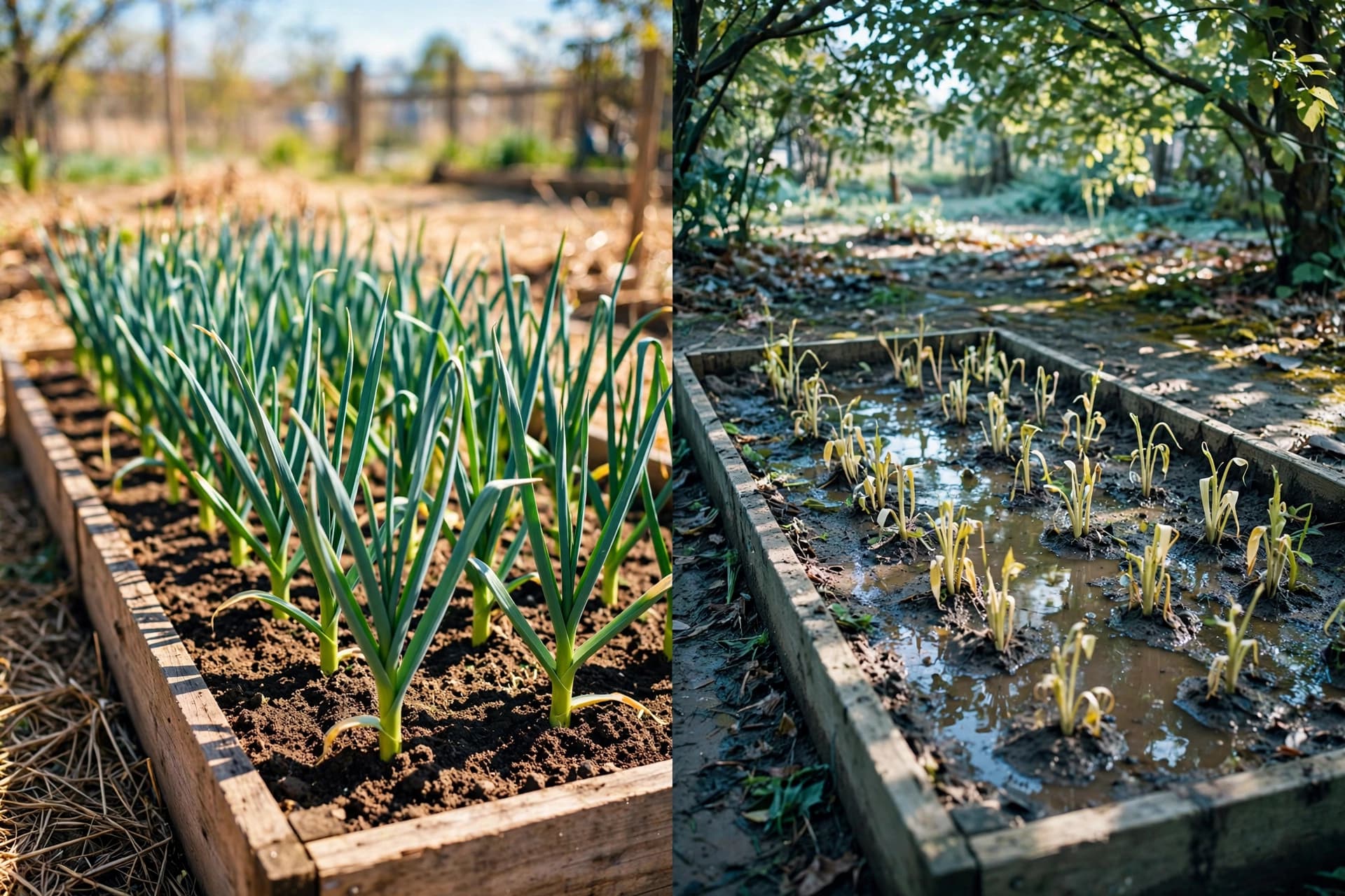 Side-by-side garden beds: sunny well-drained garlic bed with healthy shoots versus shaded soggy bed