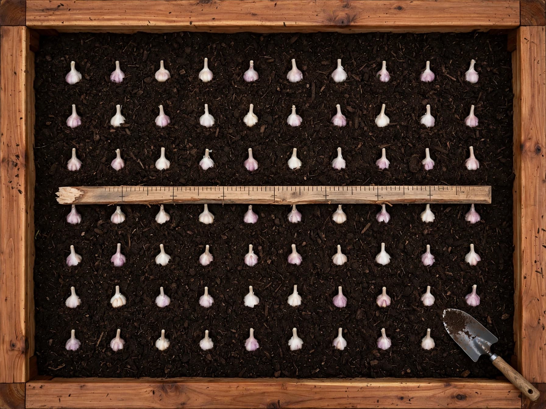 Top-down view of garlic cloves spaced six inches apart in a raised bed using a wooden spacing stick