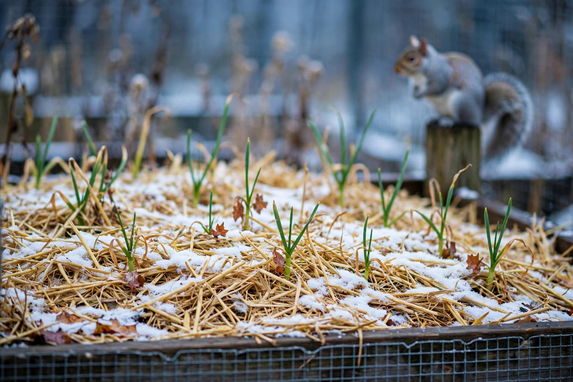 Straw-mulched garlic bed with a light dusting of snow and hardware cloth protecting planted cloves