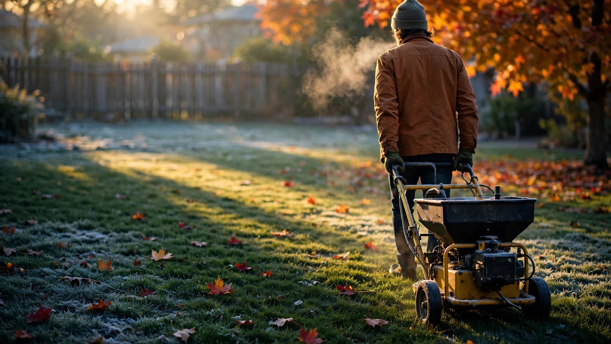 Homeowner applying winterizer fertilizer to a green lawn at sunrise before the first freeze