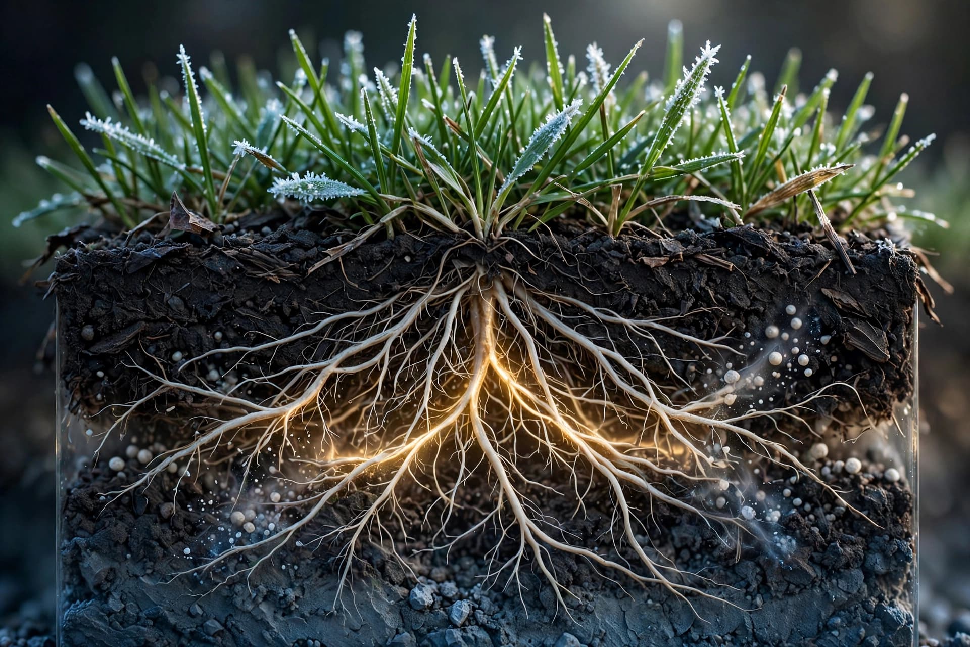 Cutaway of cool-season grass roots absorbing nutrients from a late-fall fertilizer feeding